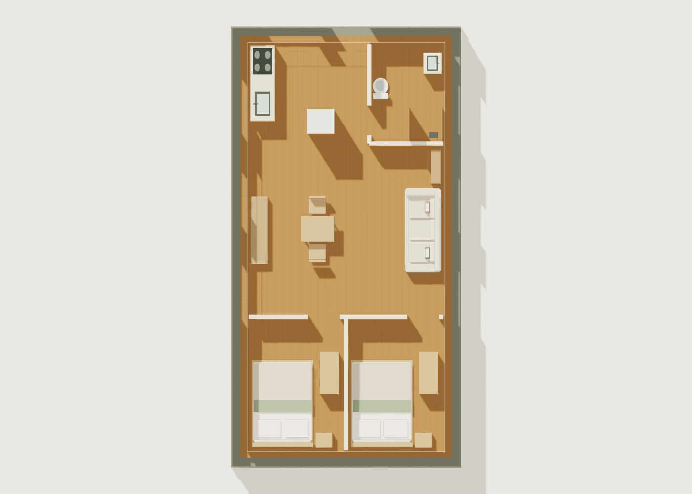 Длинный барн: сверху · с мебелью, кухня, санузел и расстановка мебели